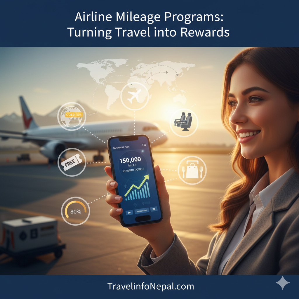 Airline mileage program card with travel rewards icons