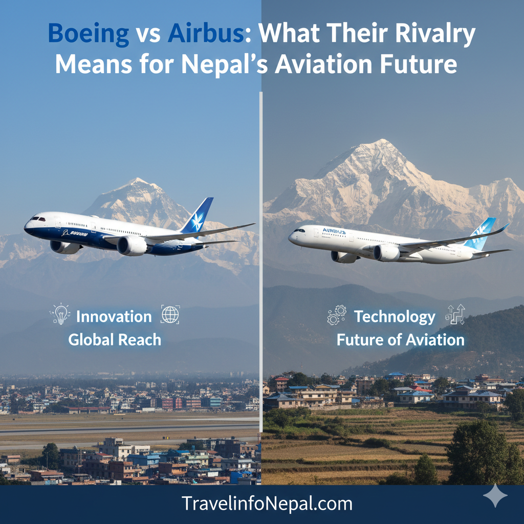 Illustration showing Boeing and Airbus aircraft side by side in flight, symbolizing their rivalry and differences in design, history, and innovation.