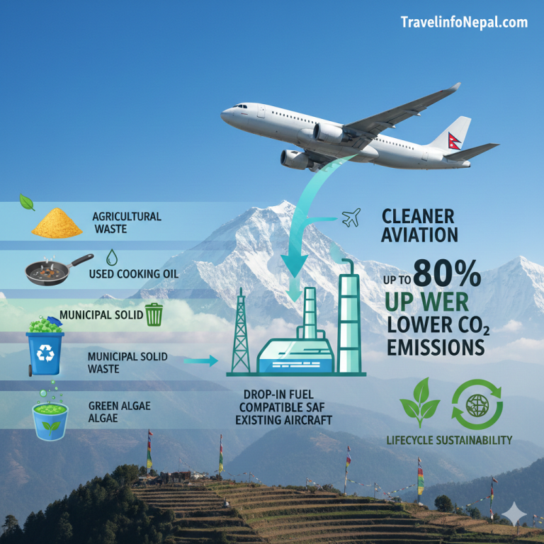 A modern airplane with a green leaf on its tail flies over the Himalayas under a clear blue sky, symbolizing eco-friendly aviation and Sustainable Aviation Fuel (SAF) in Nepal.